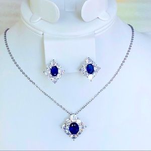 Blue Sapphire Cubic Zirconia Silver Necklace & Earrings Set